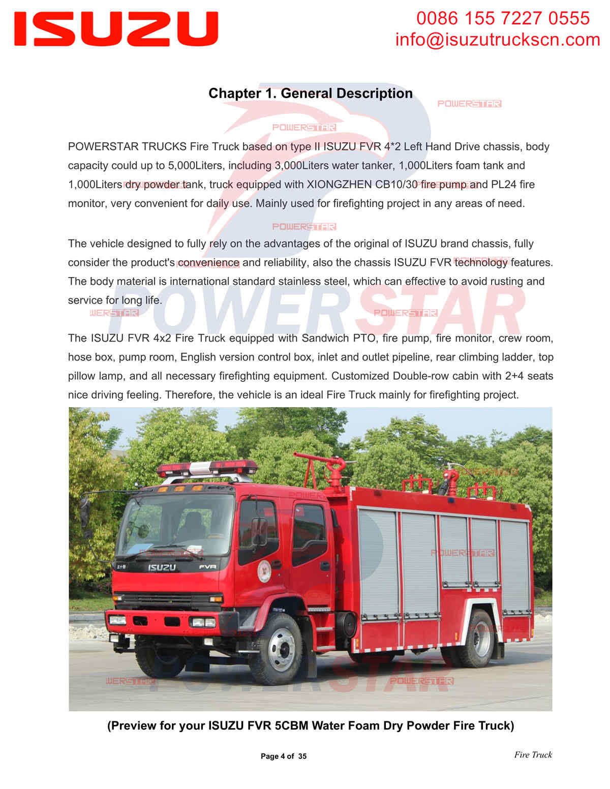 POWERSTAR TRUCKS ISUZU FVR су, көбік және ұнтақ өрт сөндіру көлігі