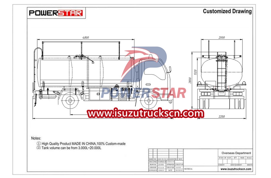 structure drawing of Isuzu 15000 liters fuel tanker truck