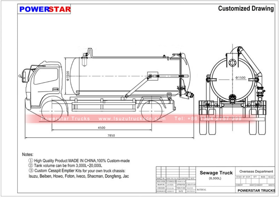 Technical drawing of Isuzu 700P gully sucker truck