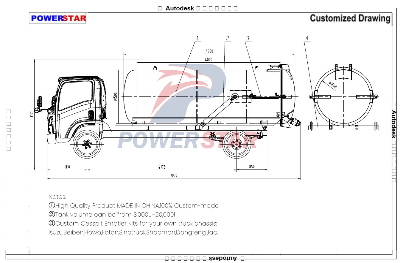 Technical drawing of Isuzu septic tanker truck with MORO PM70A pump