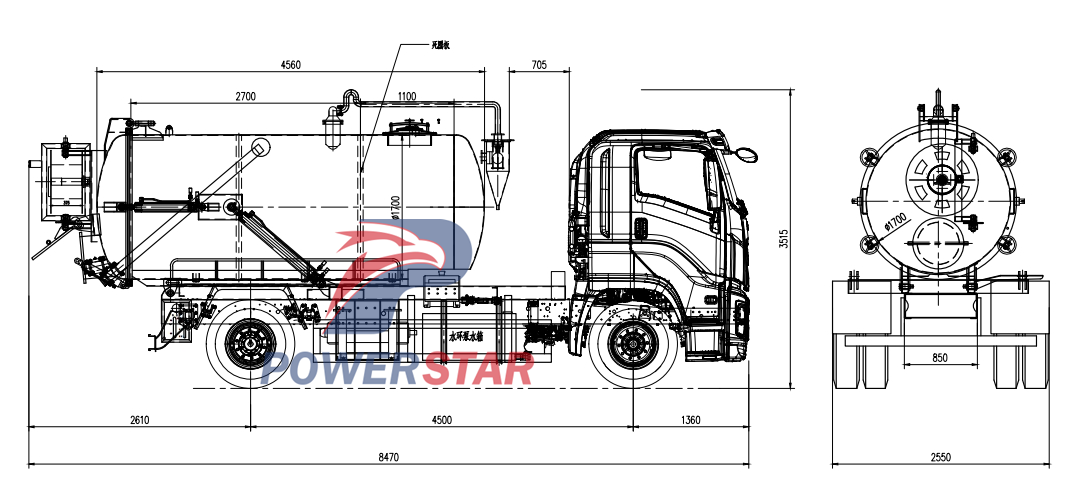 Technical drawing of Isuzu GIGA mounted combination jet suction units