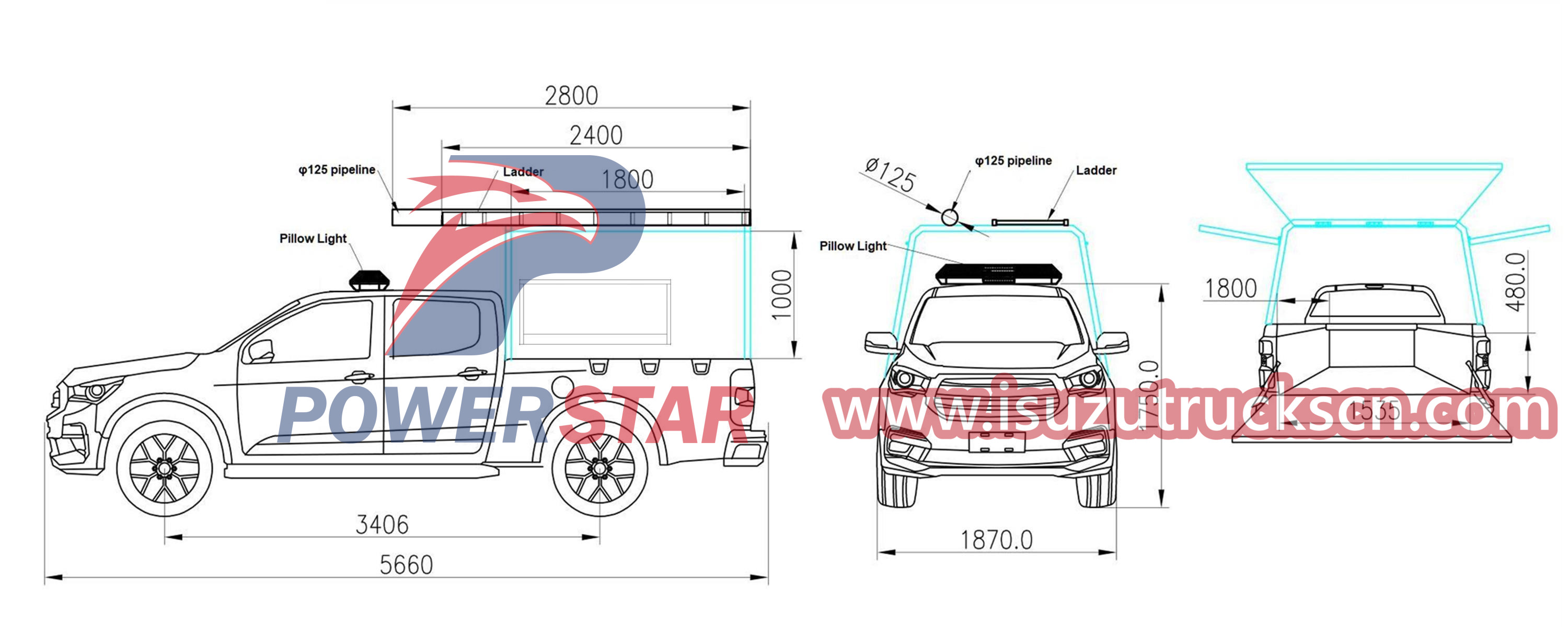 Technical drawing of Isuzu 4x4 mobile service puckup